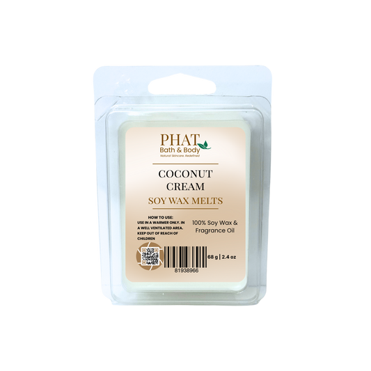 Coconut cream soy wax melts packaging with 'Phat Bath & Body' branding on a white background