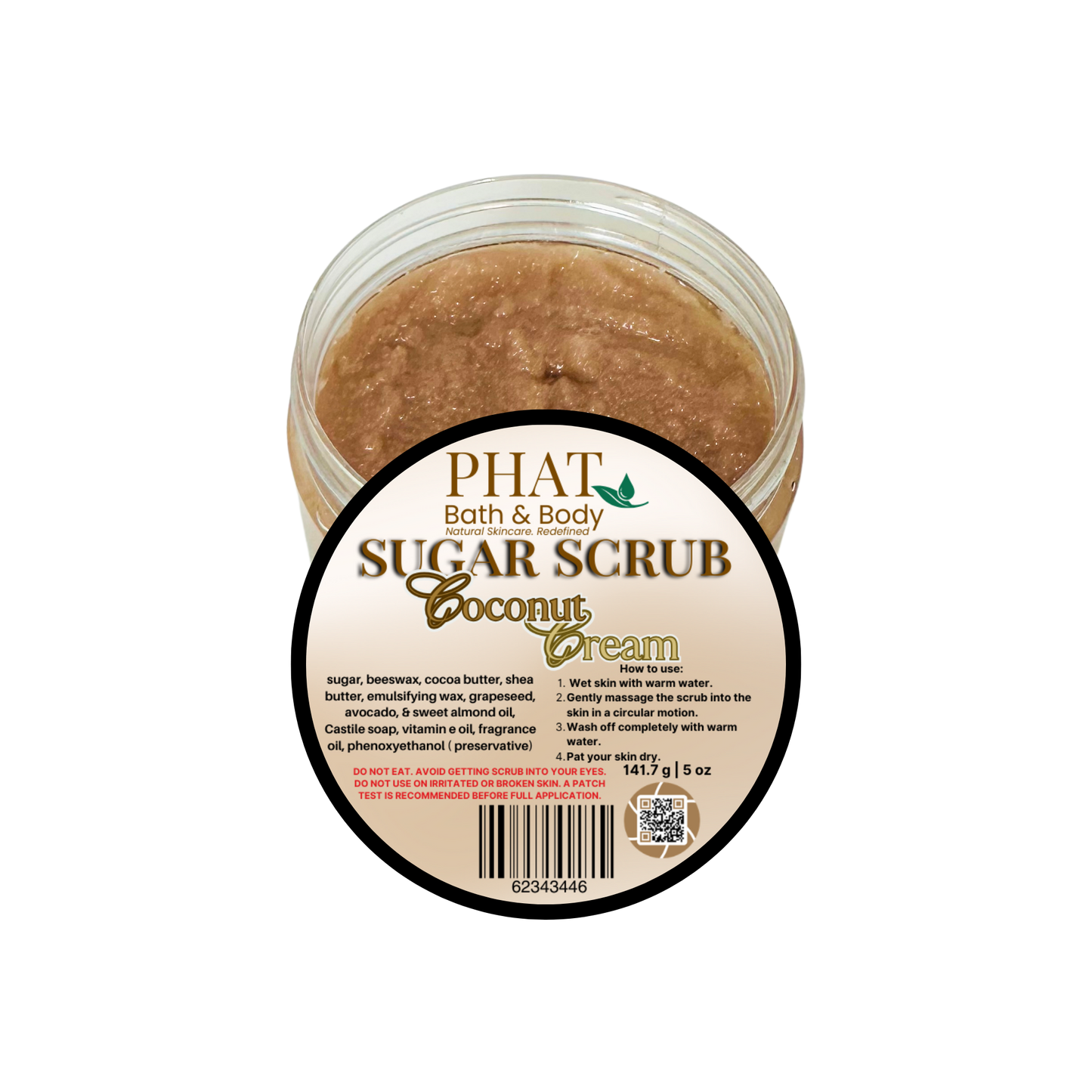 Jar of Phat Bath & Body Sugar Scrub Coconut Cream on a white background