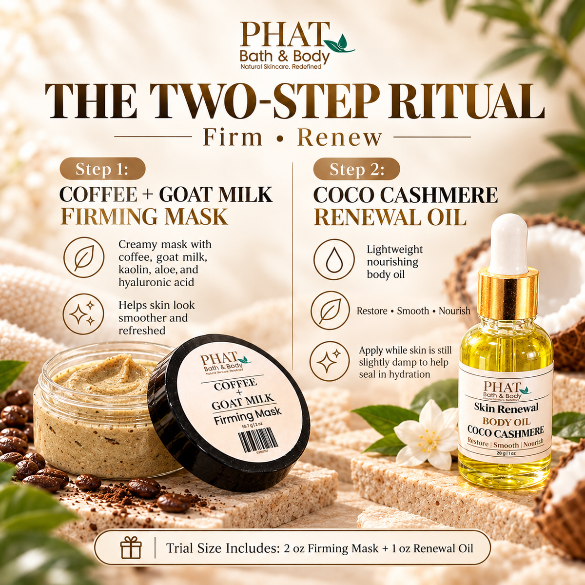 Two-step Firm + Renew skincare infographic explaining how the Coffee + Goat Milk Firming Mask, made with aloe, kaolin clay and hyaluronic acid, helps skin look smoother, followed by Coco Cashmere Renewal Oil to moisturize and soften skin.