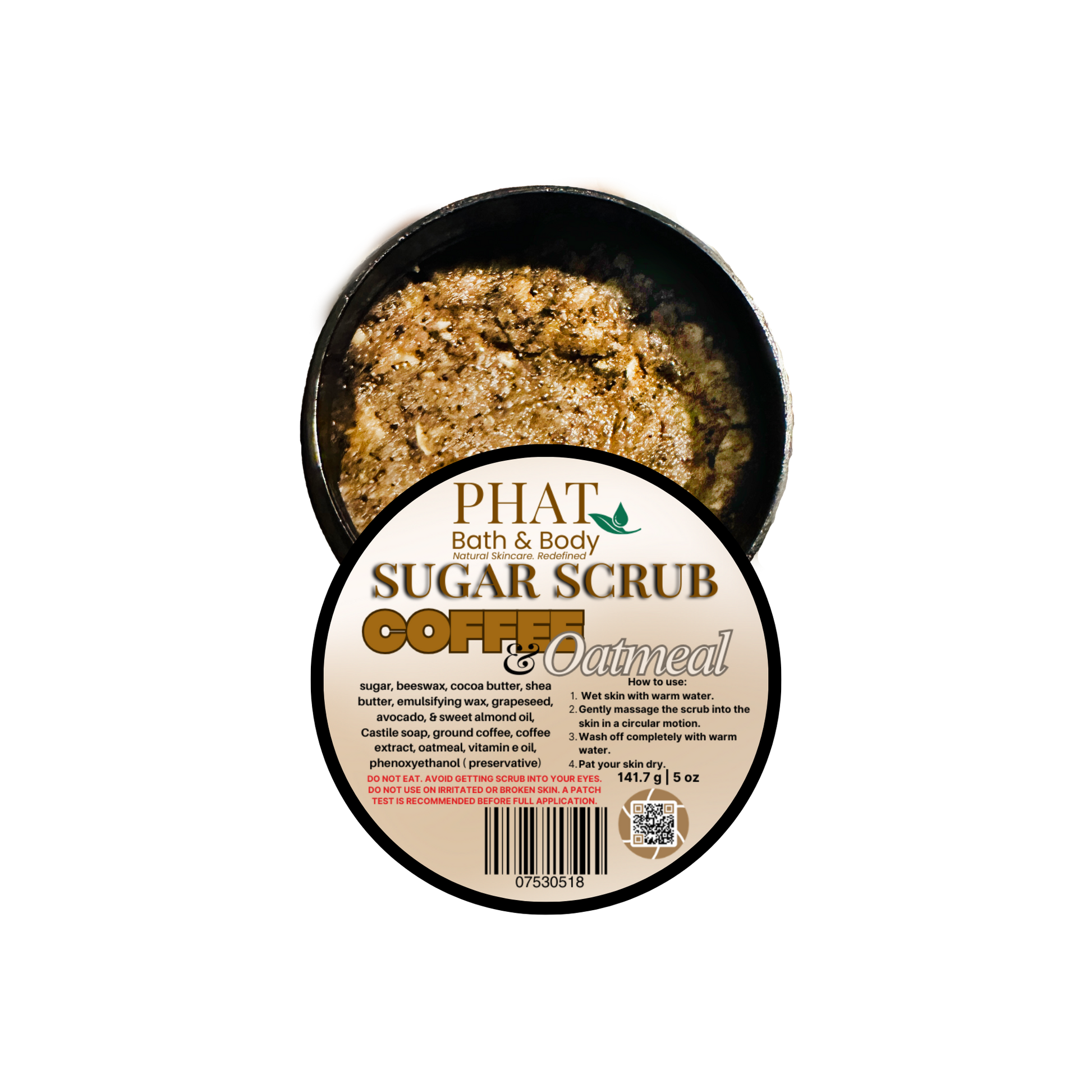 Phat Bath & Body Coffee & Oatmeal sugar scrub with open lid on a white background