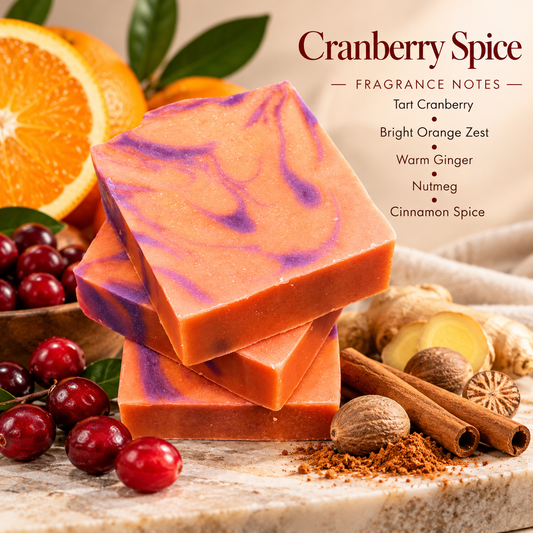 Cranberry Spice handmade soap displayed with cranberries, orange, ginger, nutmeg, and cinnamon, highlighting its fruity and warm spiced fragrance.