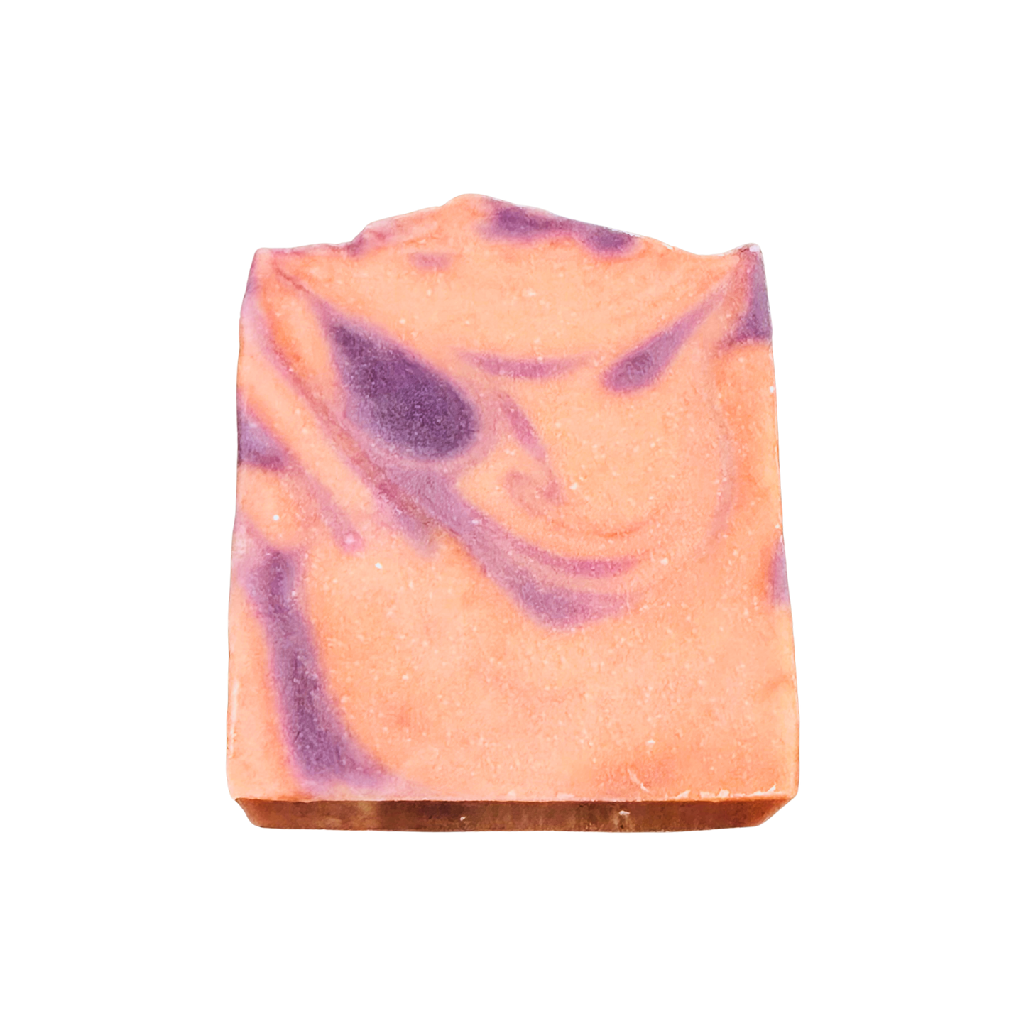 Bar of soap with pink and purple swirls on a white background