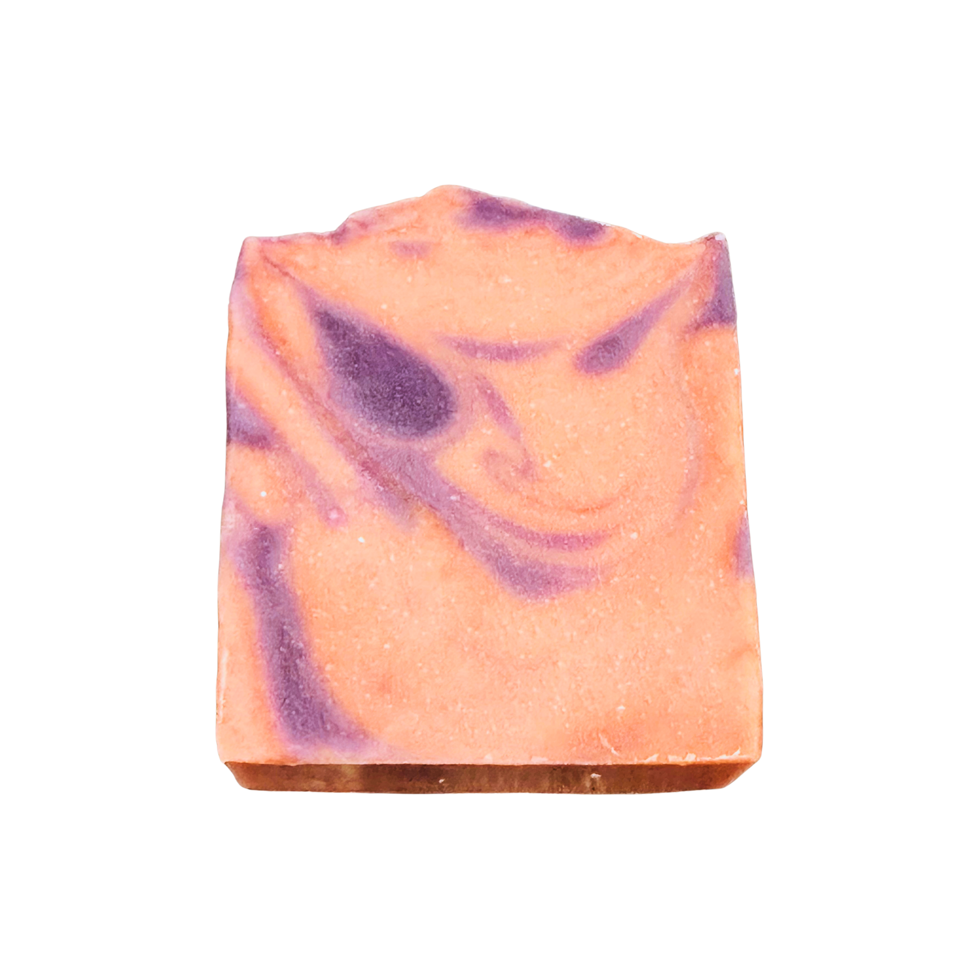 Bar of soap with pink and purple swirls on a white background