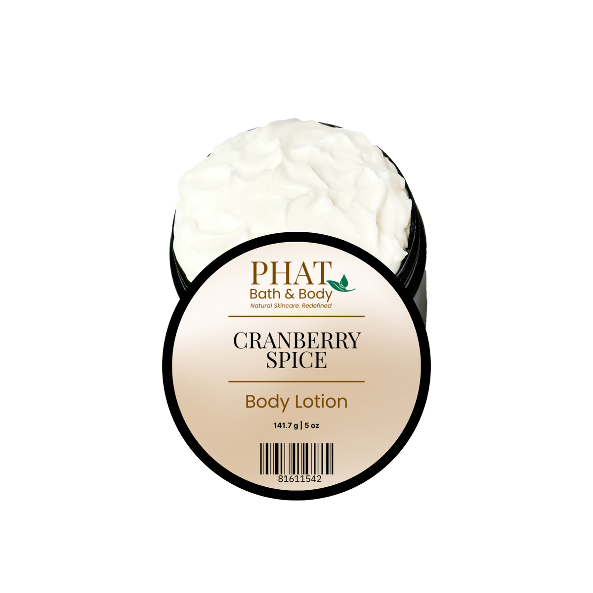 Phat Bath & Body Cranberry Spice 5 oz Body Lotion in an open black jar with labeled lid and rich white moisturizing lotion.