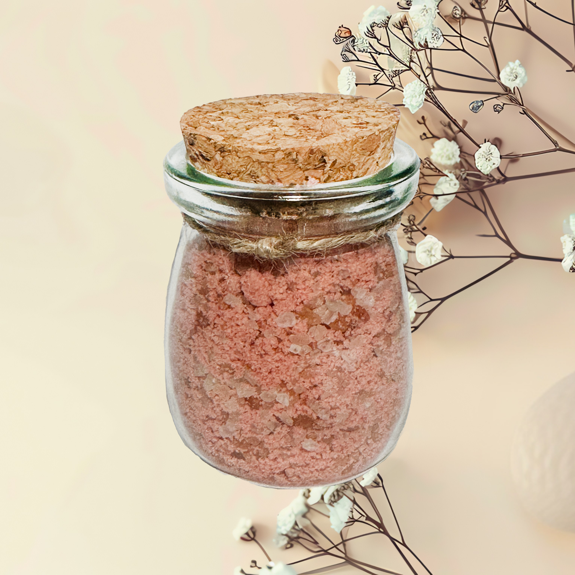 Glass jar with orange bath salts and cork lid on a light background with white flowers.