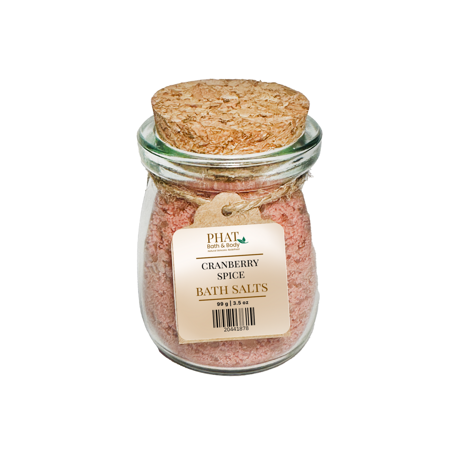 Jar of Cranberry Spice Bath Salts with cork lid on a white background