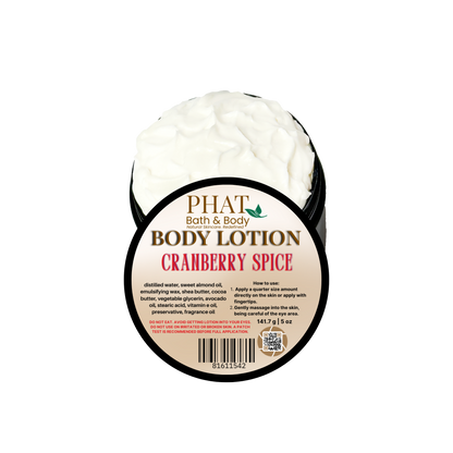 Body lotion container labeled 'Phat Bath & Body Cranberry Spice' on a white background