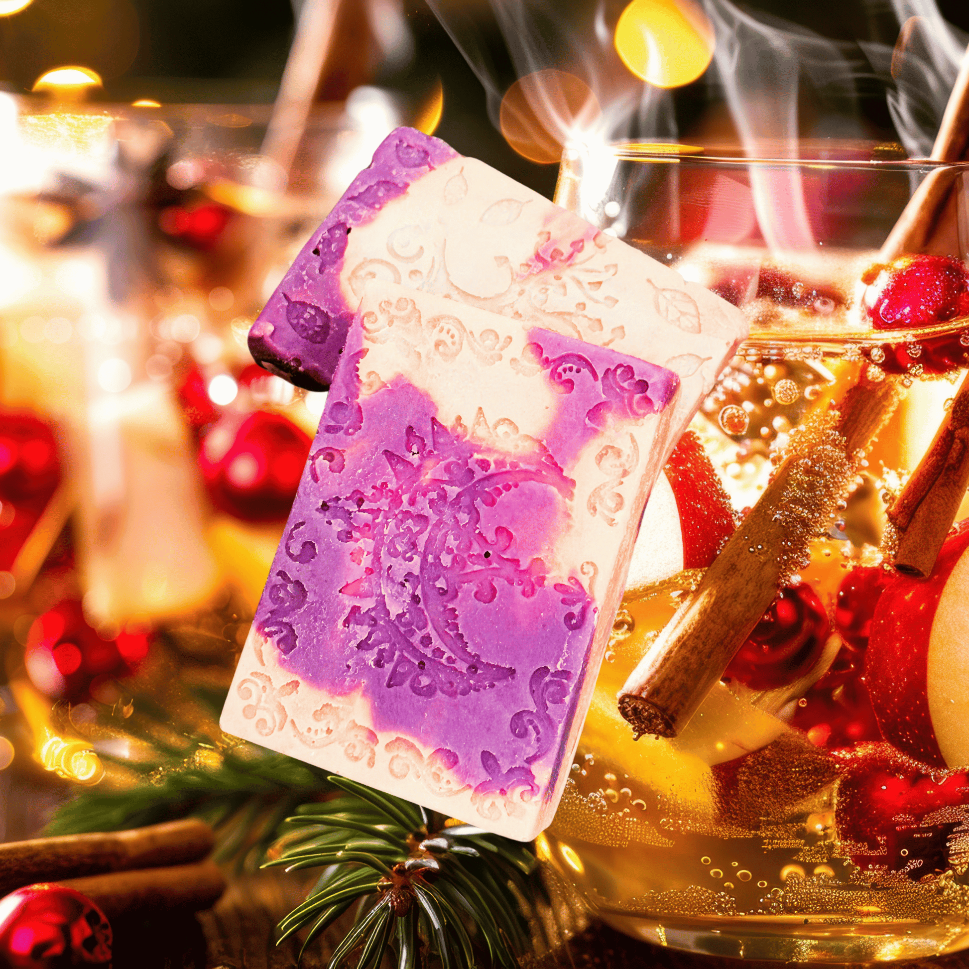 Decorative soap with a purple and white design hanging over a glass of Christmas-themed drink.