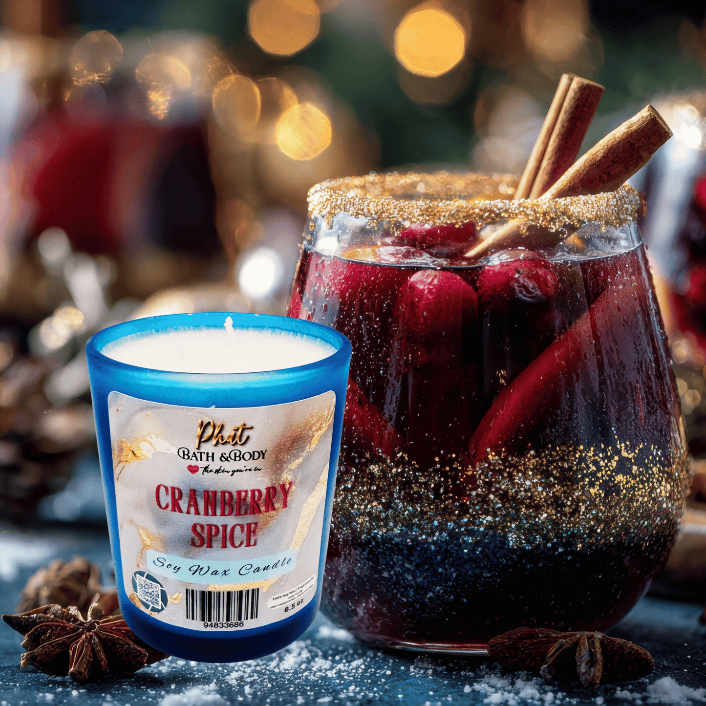 Phat Bath & Body Cranberry Spice candle next to a festive drink with cranberries and cinnamon sticks.
