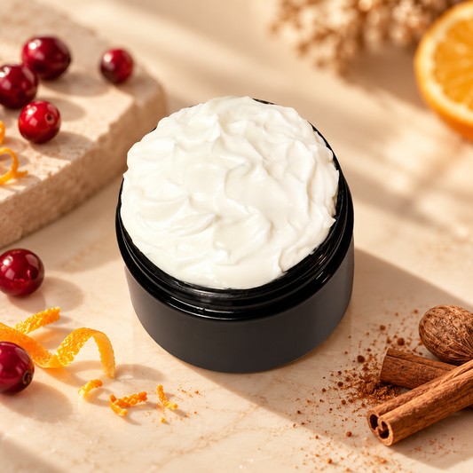 Open jar of Phat Bath & Body Cranberry Spice Body Lotion styled with fresh cranberries, orange peel, cinnamon, nutmeg, and warm natural stone.