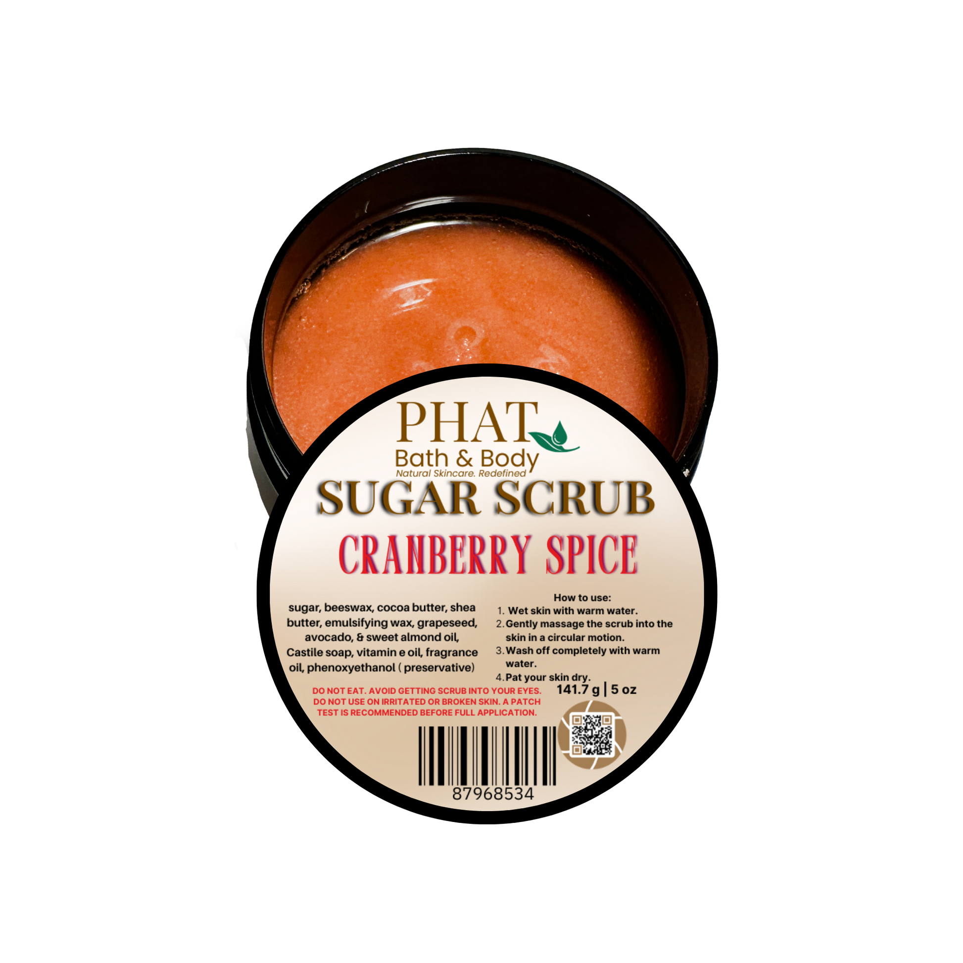 Jar of cranberry spice sugar scrub with 'Phat Bath & Body' branding on a white background