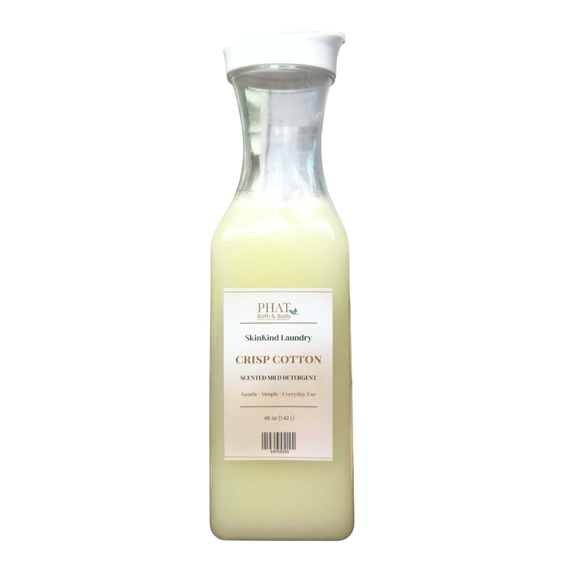 Bottle of Phat Bath & Body Skinkind Laundry Crisp Cotton detergent on a white background