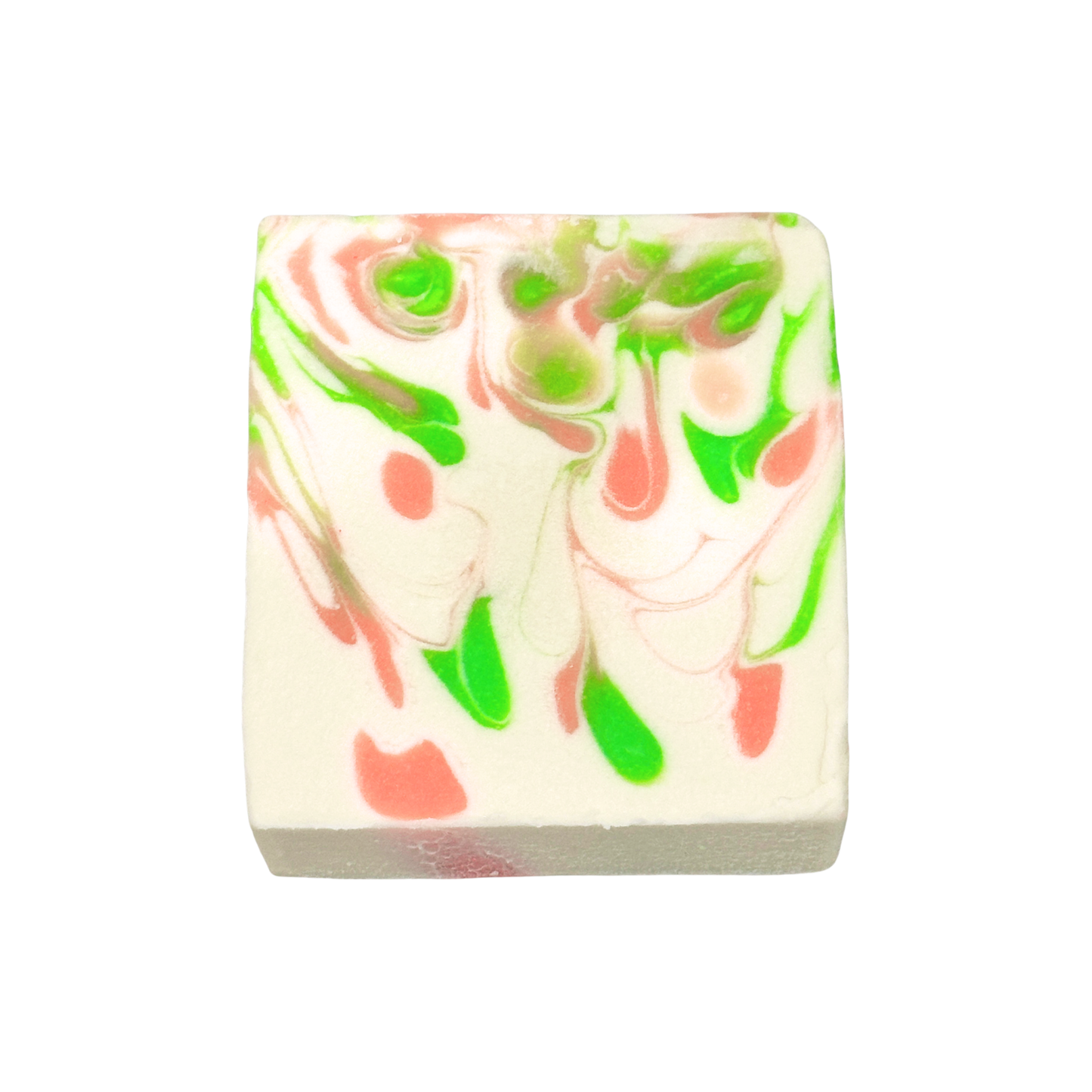Swirled soap bar with green and pink patterns on a white background