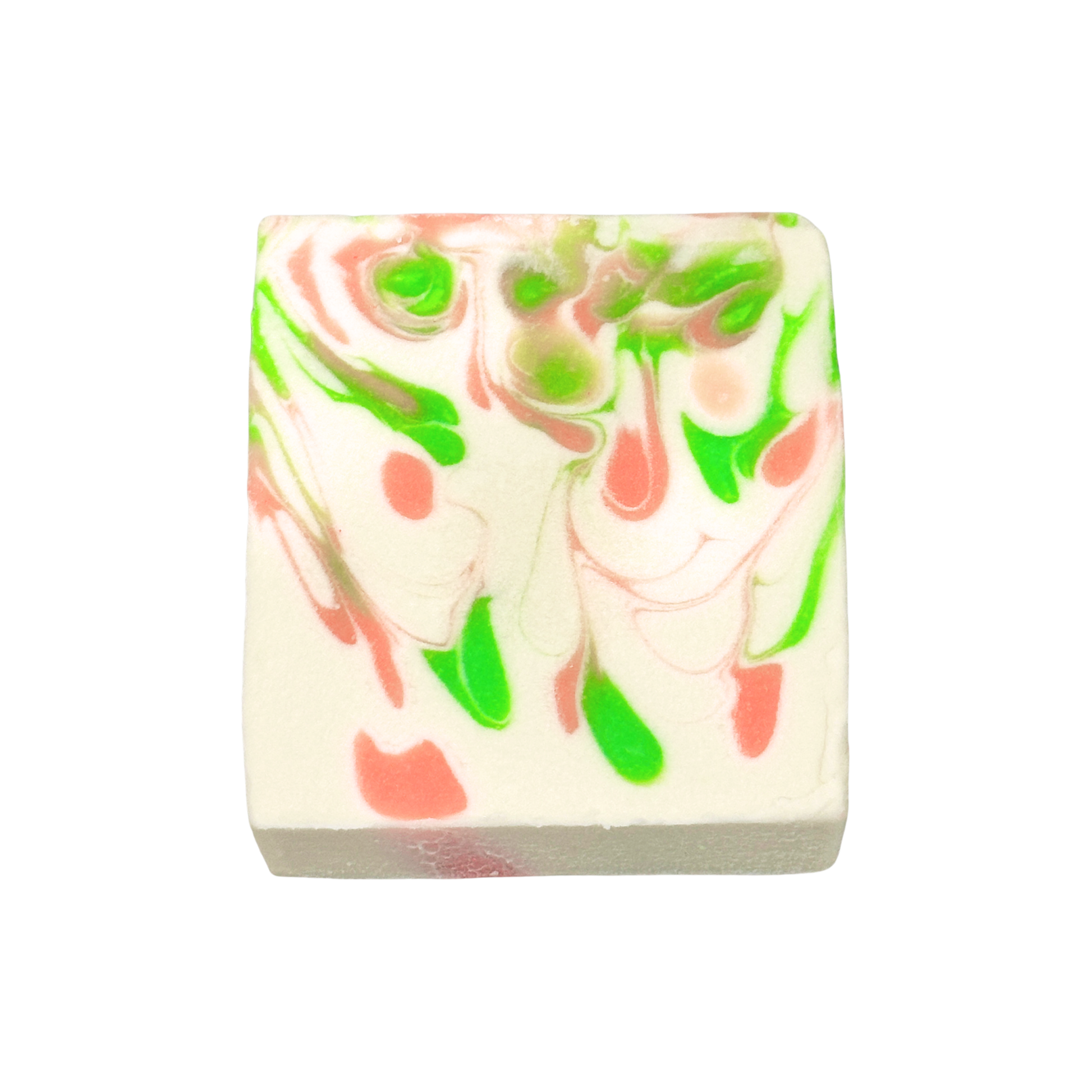 Swirled soap bar with green and pink patterns on a white background