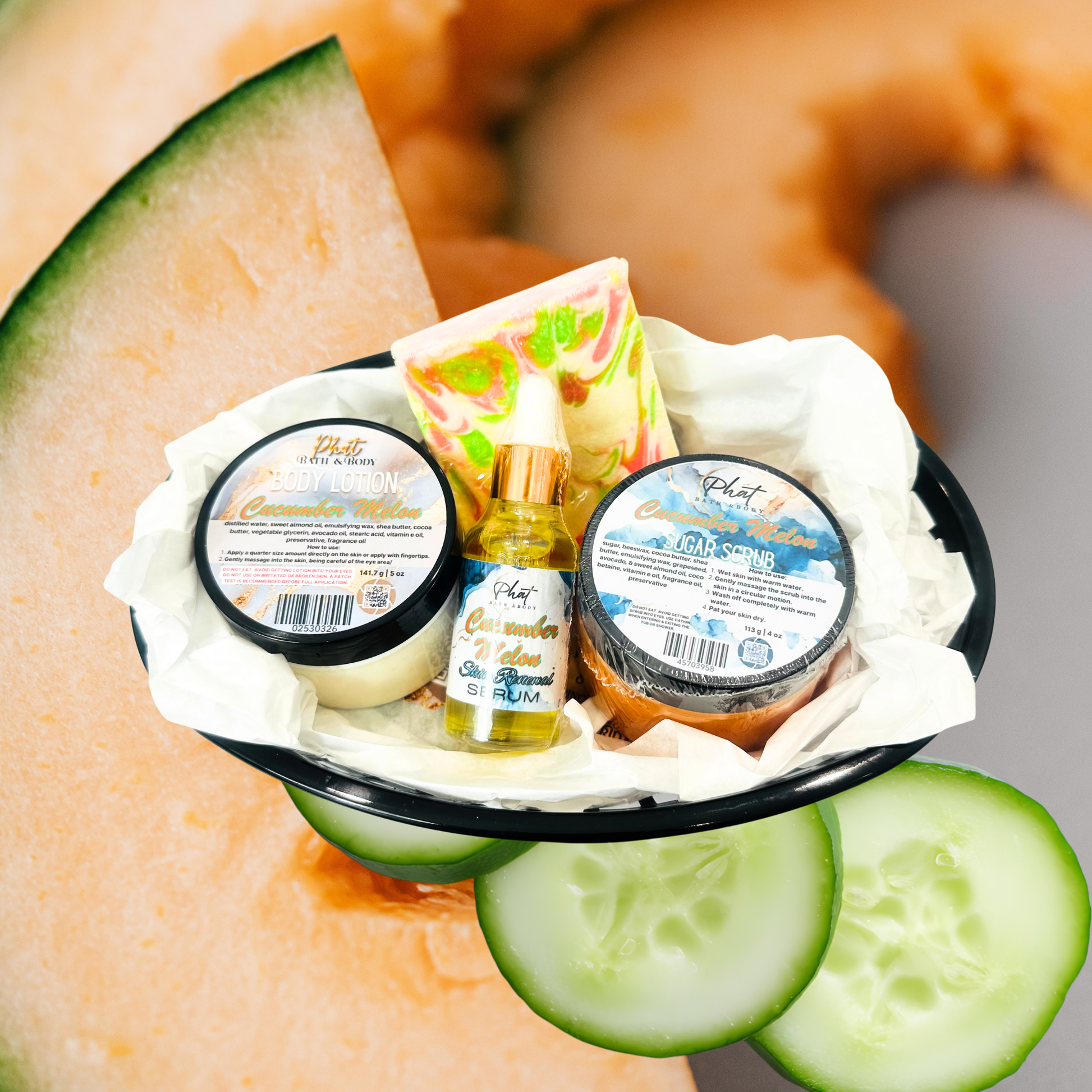 Cosmetic set with jars, a bottle, and a packet on a white cloth with cantaloupe and cucumbers.