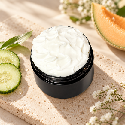 Open jar of Phat Bath & Body Cucumber Melon Body Lotion styled with fresh cucumber slices, juicy melon, white florals, green leaves, and warm natural stone.