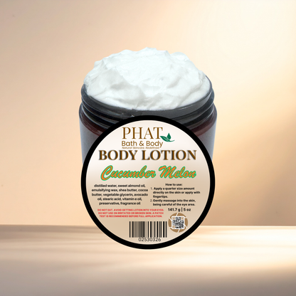 Jar of body lotion labeled 'Cucumber Melon' from 'PHAT Bath & Body' on a gradient background.