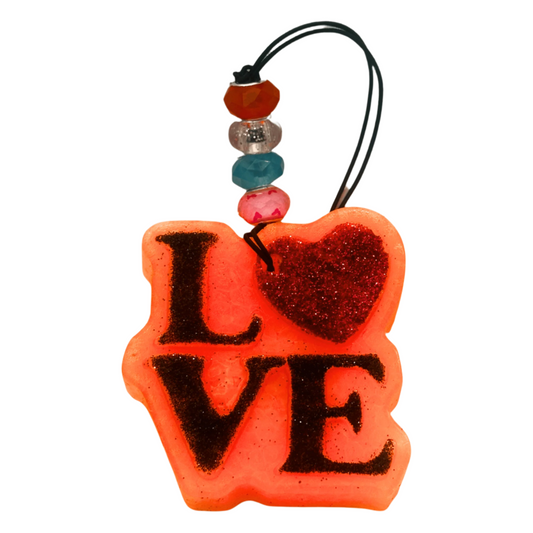 Decorative car freshie with 'LOVE' and heart design with black glitter