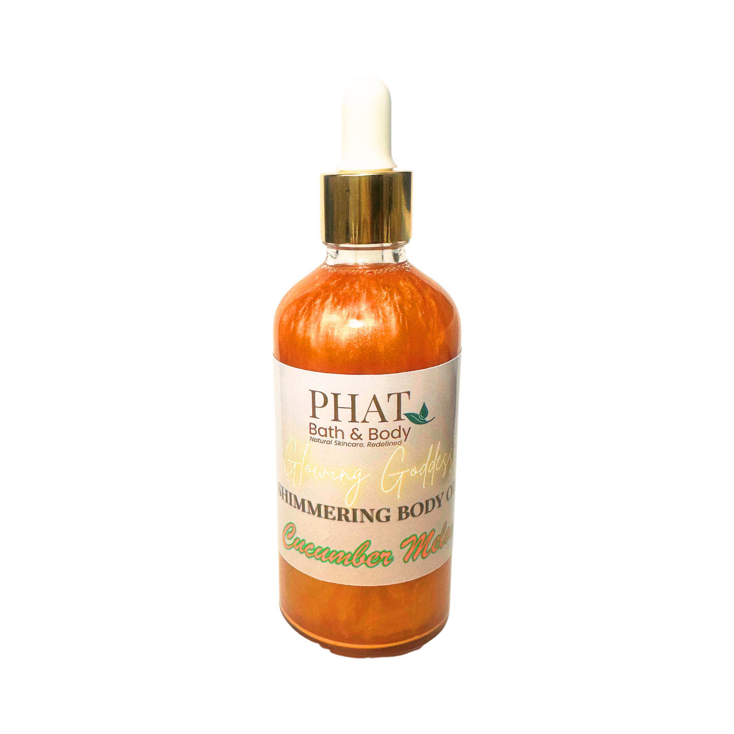 Bottle of 'Cucumber Melon' shimmering body oil from Phat Bath & Body on a white background