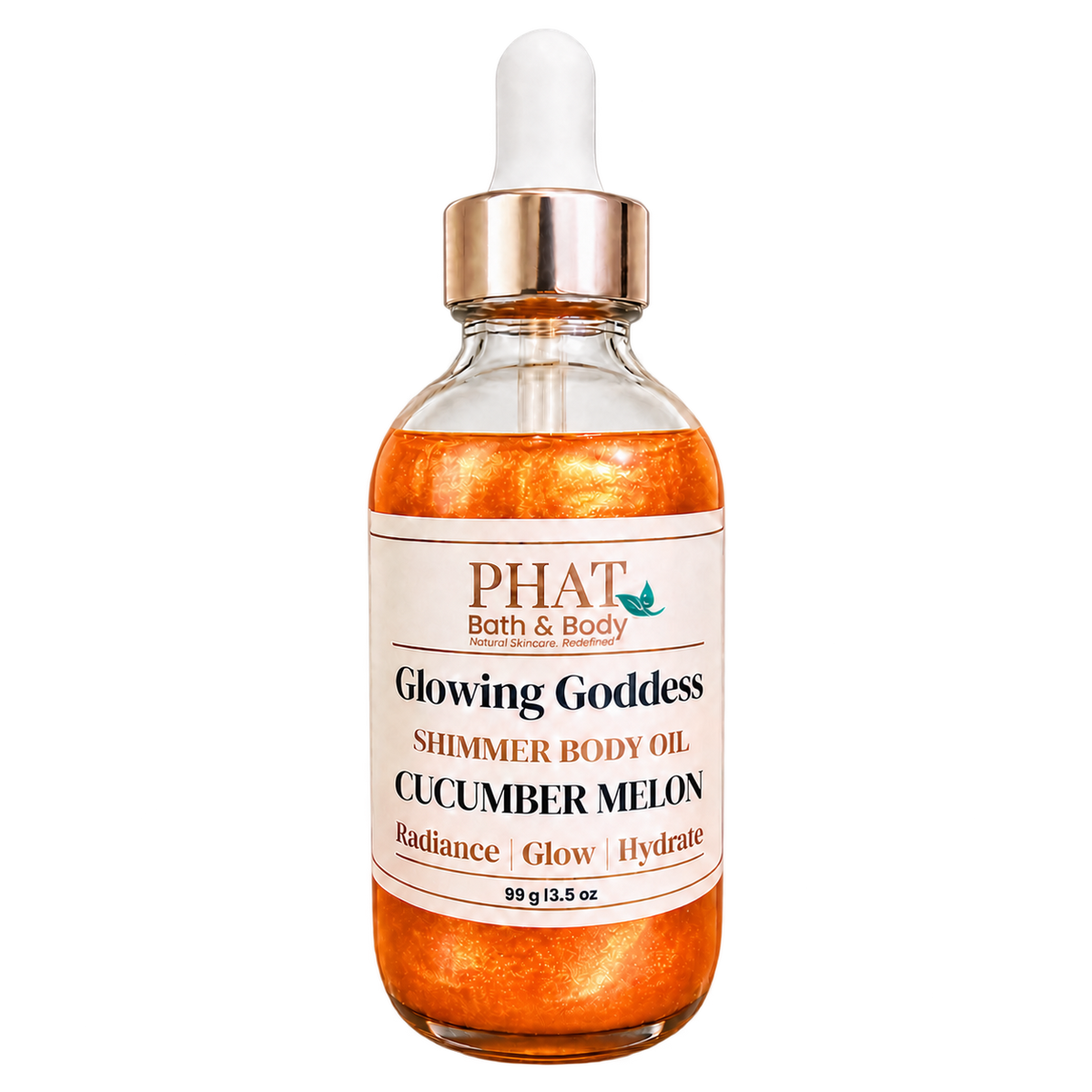 Phat Bath & Body Glowing Goddess Shimmer Body Oil in Cucumber Melon, 3.5 oz glass dropper bottle with luminous golden shimmer oil.