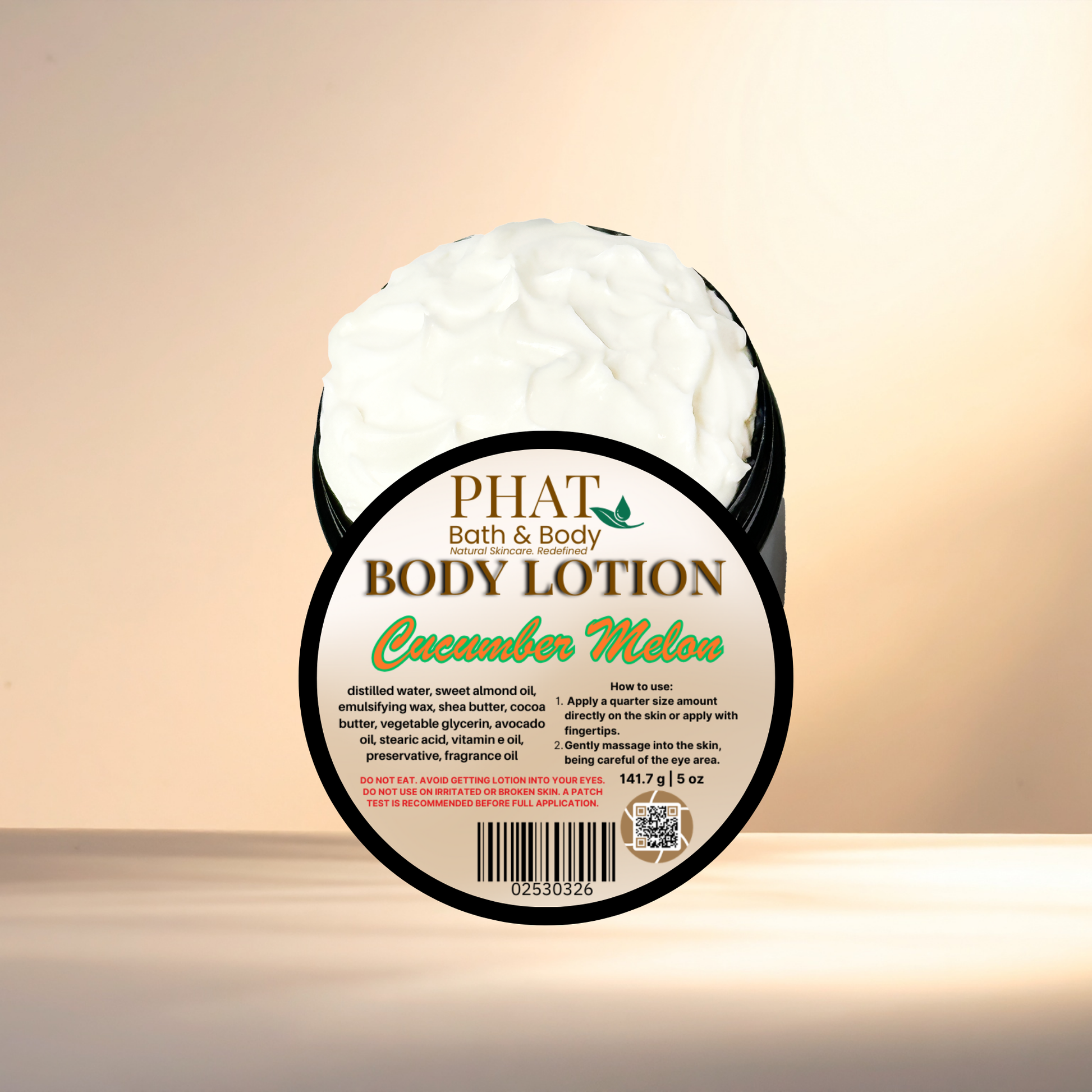 Body lotion container labeled 'Cucumber Melon' by 'PHAT Bath & Body' on a beige background