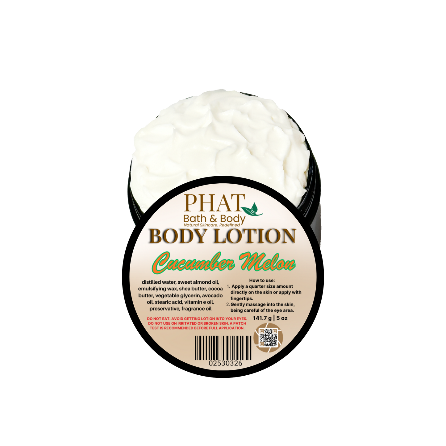 Body lotion container labeled 'Cucumber Melon' by Phat Bath & Body on a white background