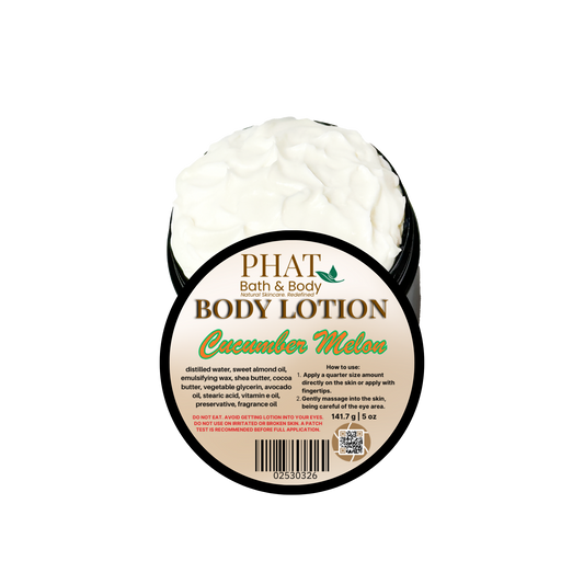 Body lotion container labeled 'Cucumber Melon' by Phat Bath & Body on a white background