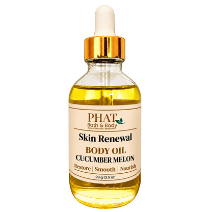 Phat Bath & Body Cucumber Melon Skin Renewal Body Oil, 3.5 oz golden body oil in a clear glass dropper bottle with a gold cap and cream label.