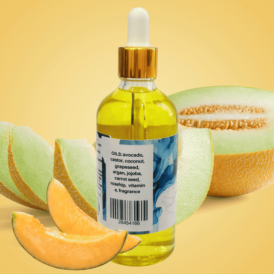 Bottle of melon-scented oil with a dropper, surrounded by sliced melons on a yellow background