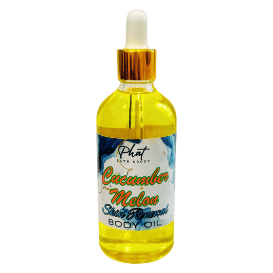 Bottle of Cucumber Melon Skin Removal Body Oil with a dropper on a white background