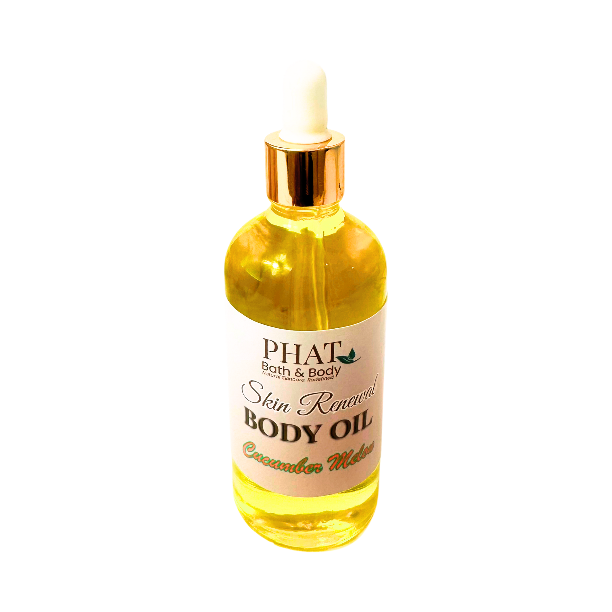 Bottle of Phat Bath & Body body oil with a dropper on a white background