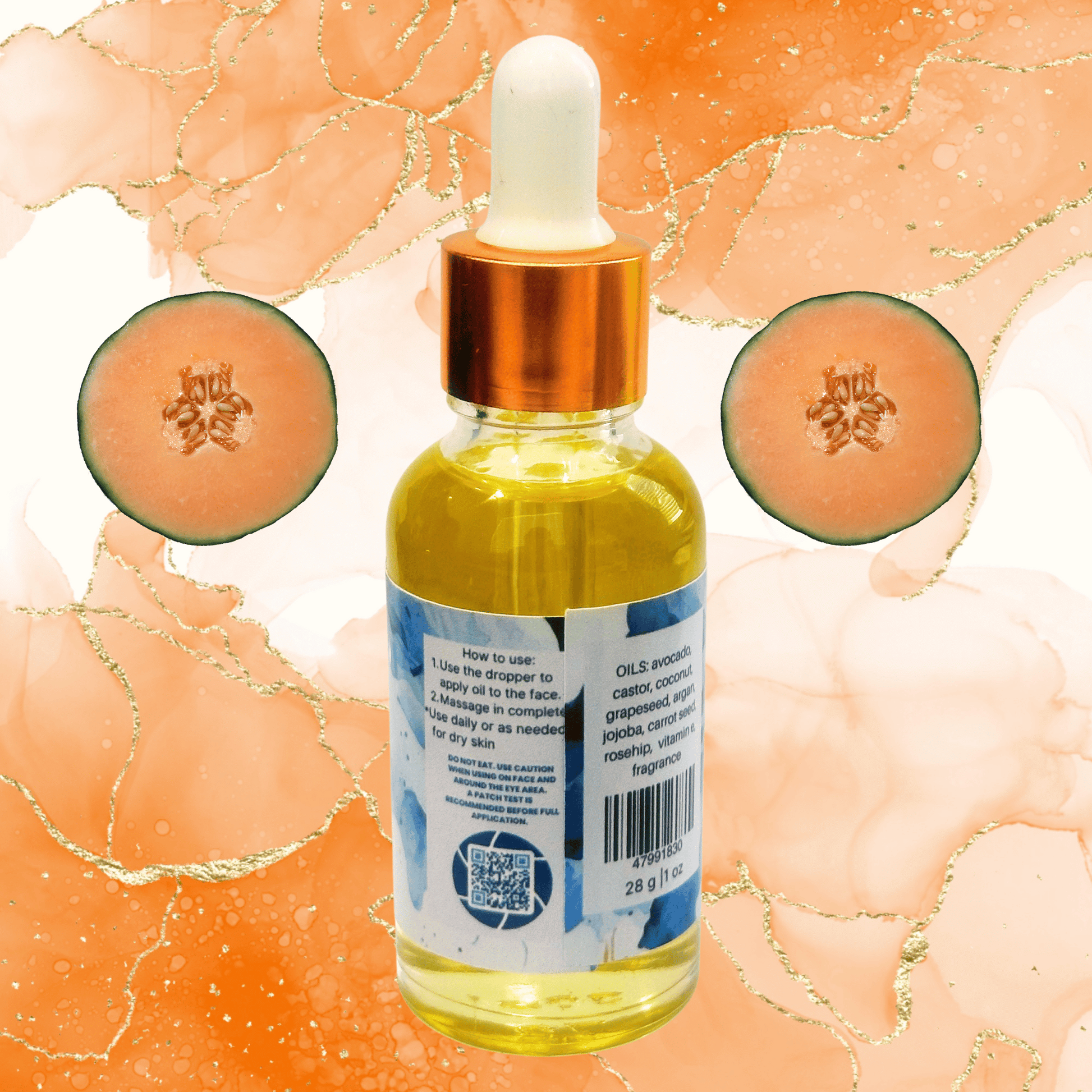 Bottle of oil with a dropper and cantaloupe slices on an abstract background