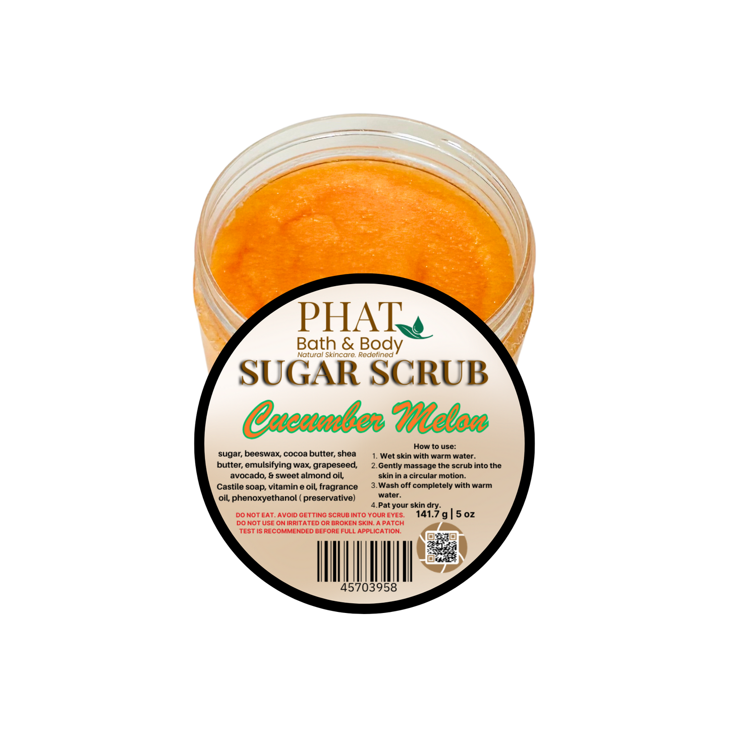 Jar of Phat Bath & Body Cucumber Melon sugar scrub on a white background