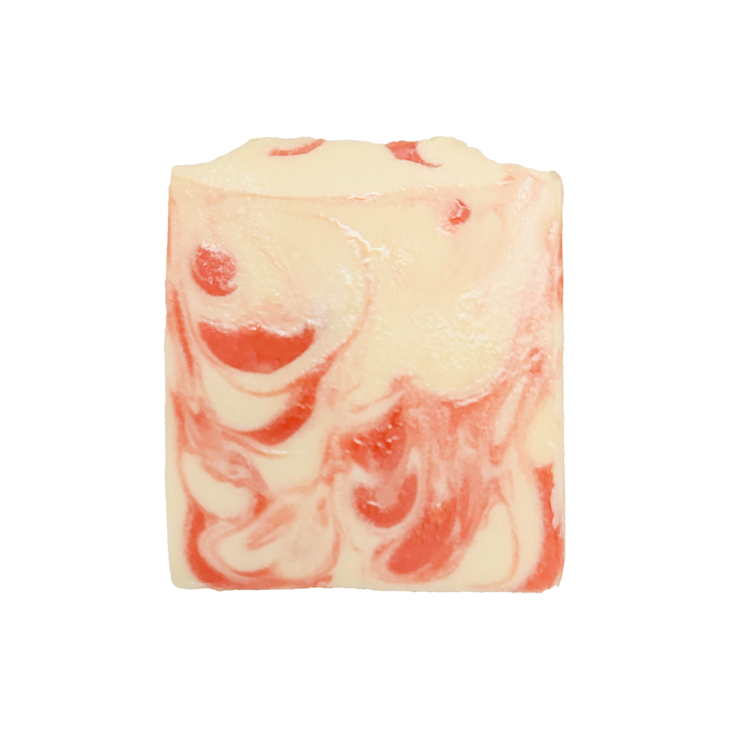 Bar of soap with pink and white swirled pattern on a white background