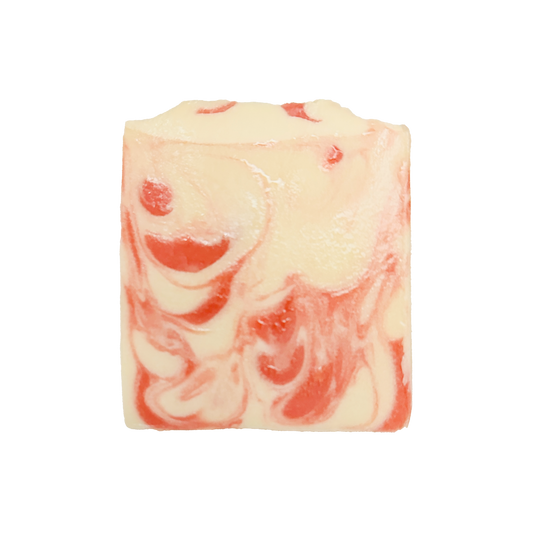 Bar of soap with pink and white swirled pattern on a white background