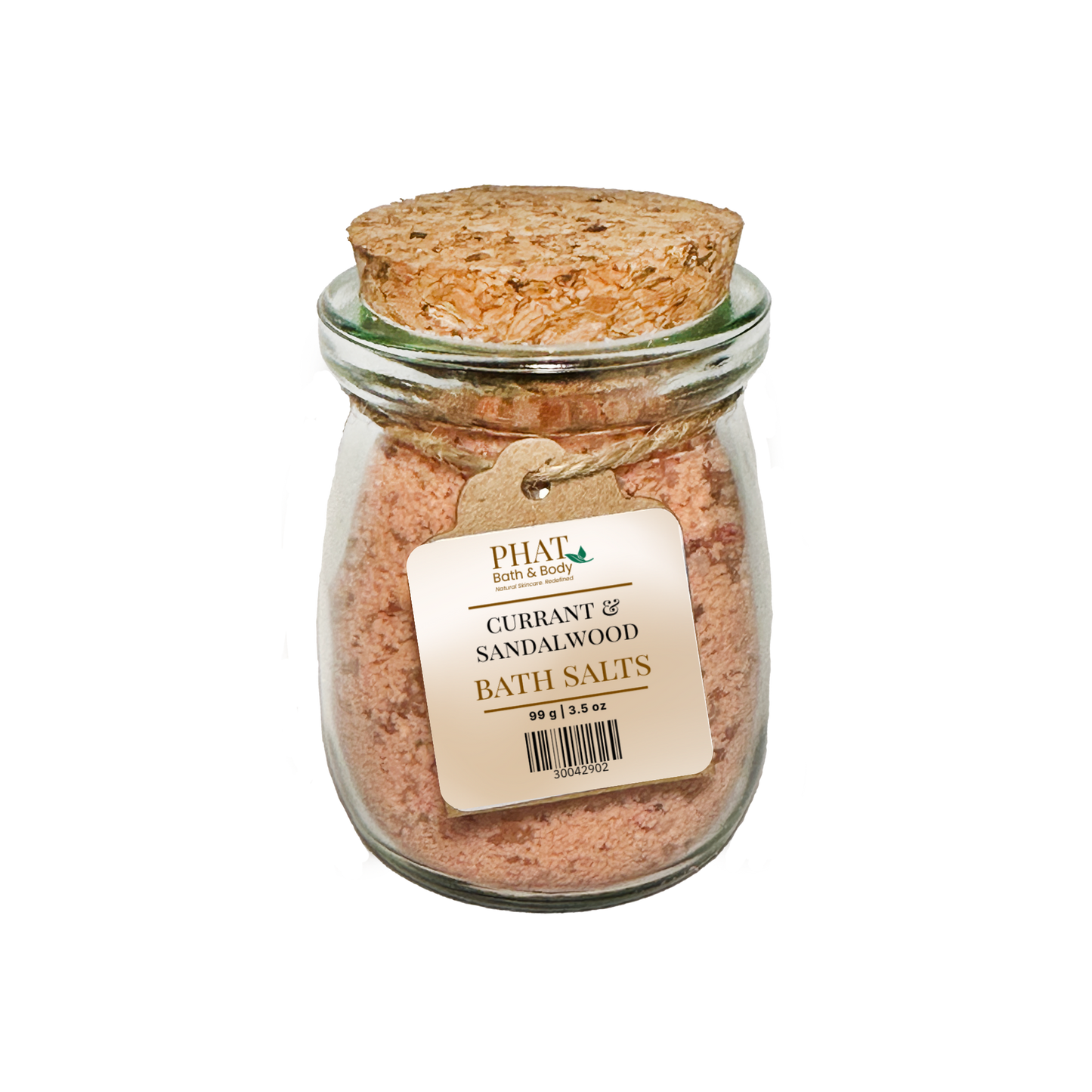 Jar of Currant & Sandalwood Bath Salts with cork lid on a white background