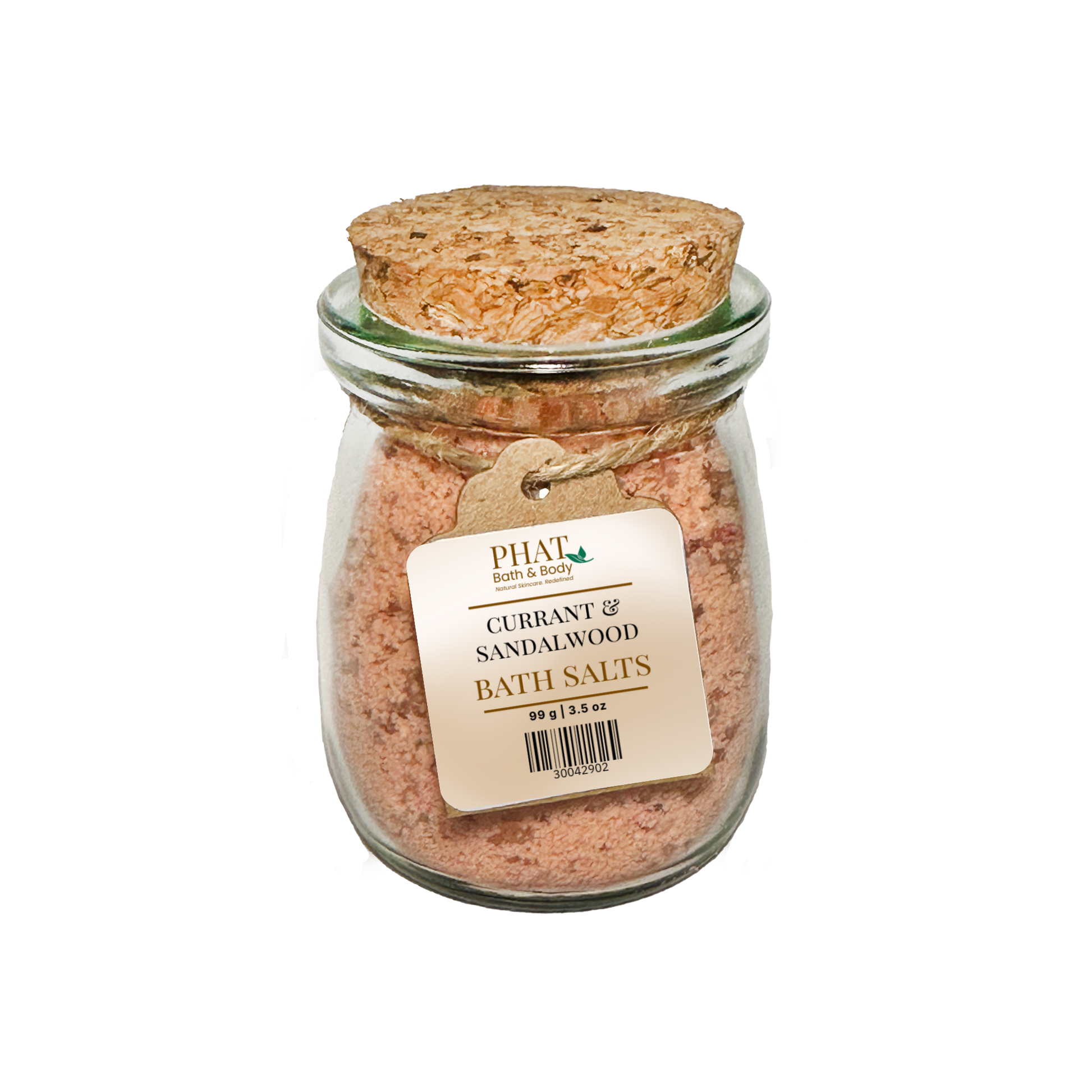 Jar of Currant & Sandalwood Bath Salts with cork lid on a white background