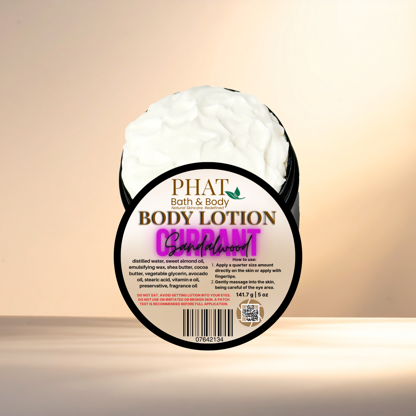Body lotion container with 'Phat Bath & Body' branding on a gradient background