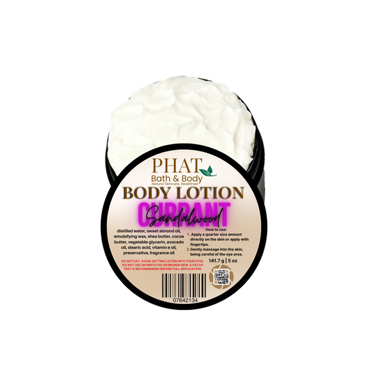 Body lotion container with 'Phat Bath & Body' branding on a white background