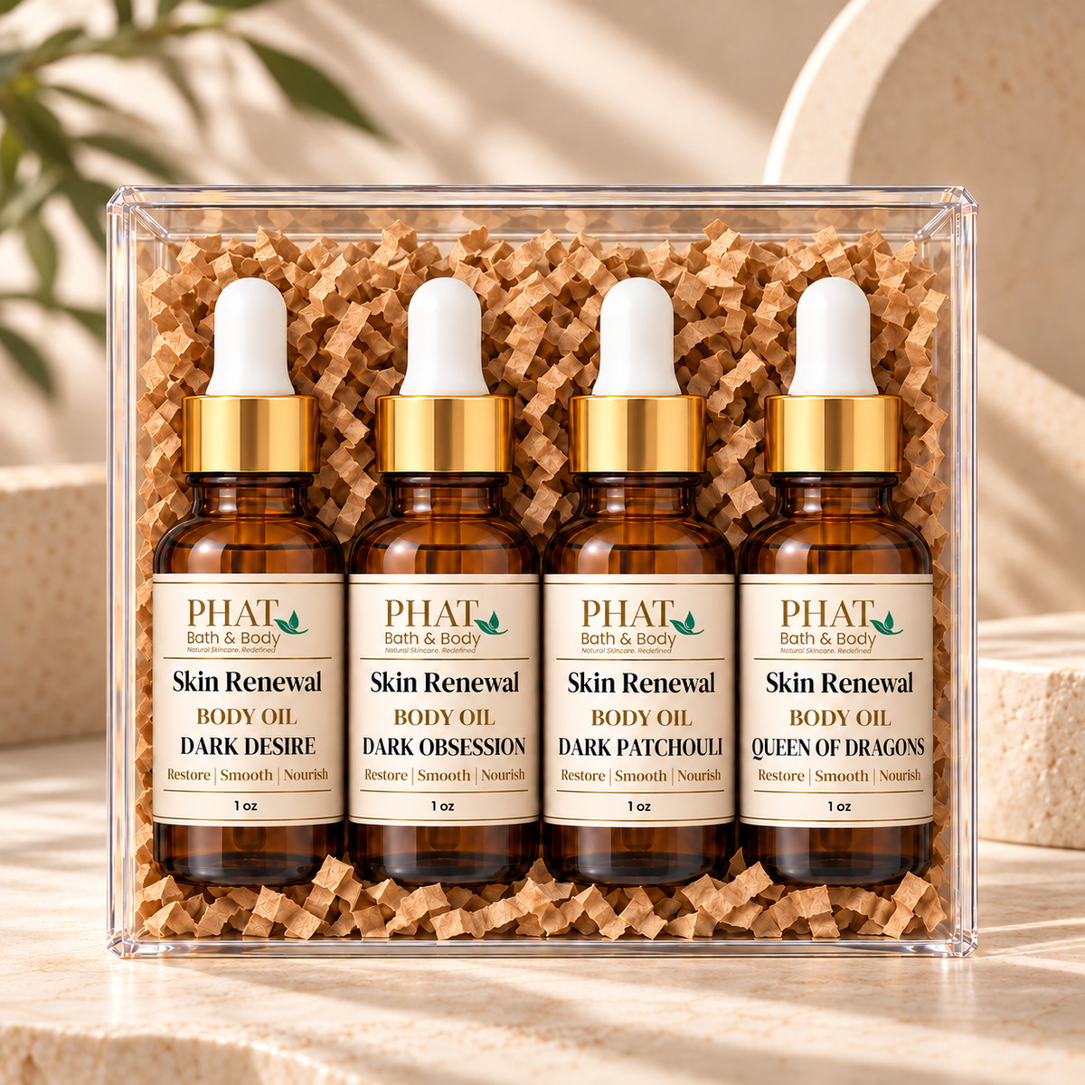 Dark Collection Skin Renewal Oil sampler featuring Dark Desire, Dark Obsession, Dark Patchouli, and Queen of Dragons. Four 1 oz fragrance body oils with warm amber, rich florals, earthy patchouli, and mysterious resinous scent profiles.