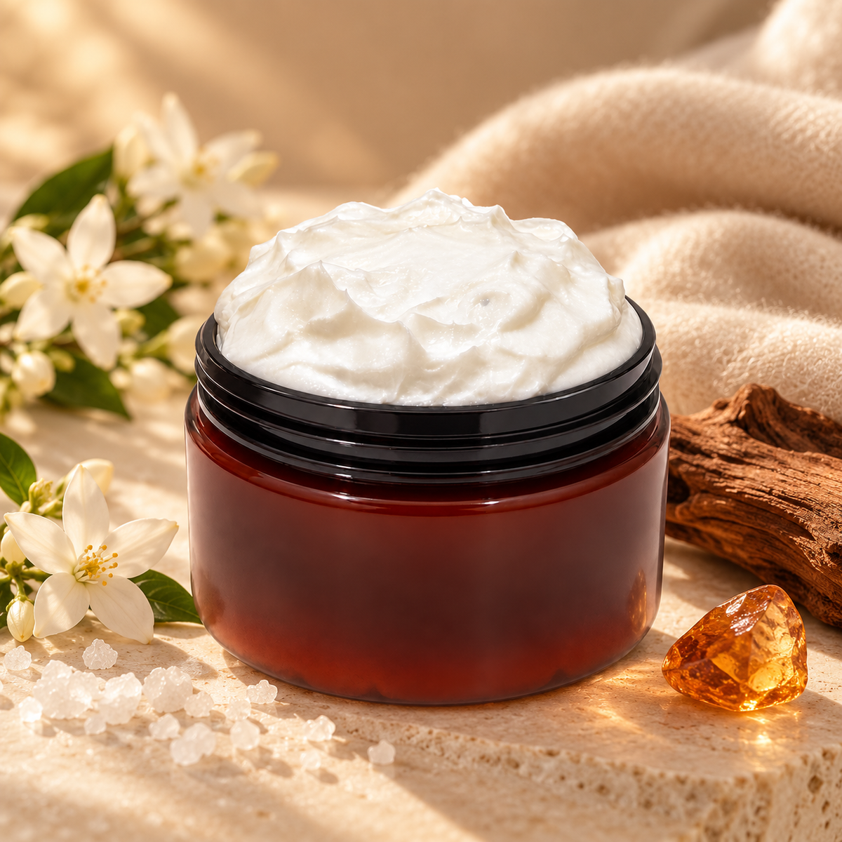 Open jar of Phat Bath & Body Dark Desire Body Lotion styled with white florals, sea salt crystals, warm cedar wood, amber accents, and soft neutral fabric.