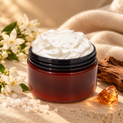 Open jar of Phat Bath & Body Dark Desire Body Lotion styled with white florals, sea salt crystals, warm cedar wood, amber accents, and soft neutral fabric.