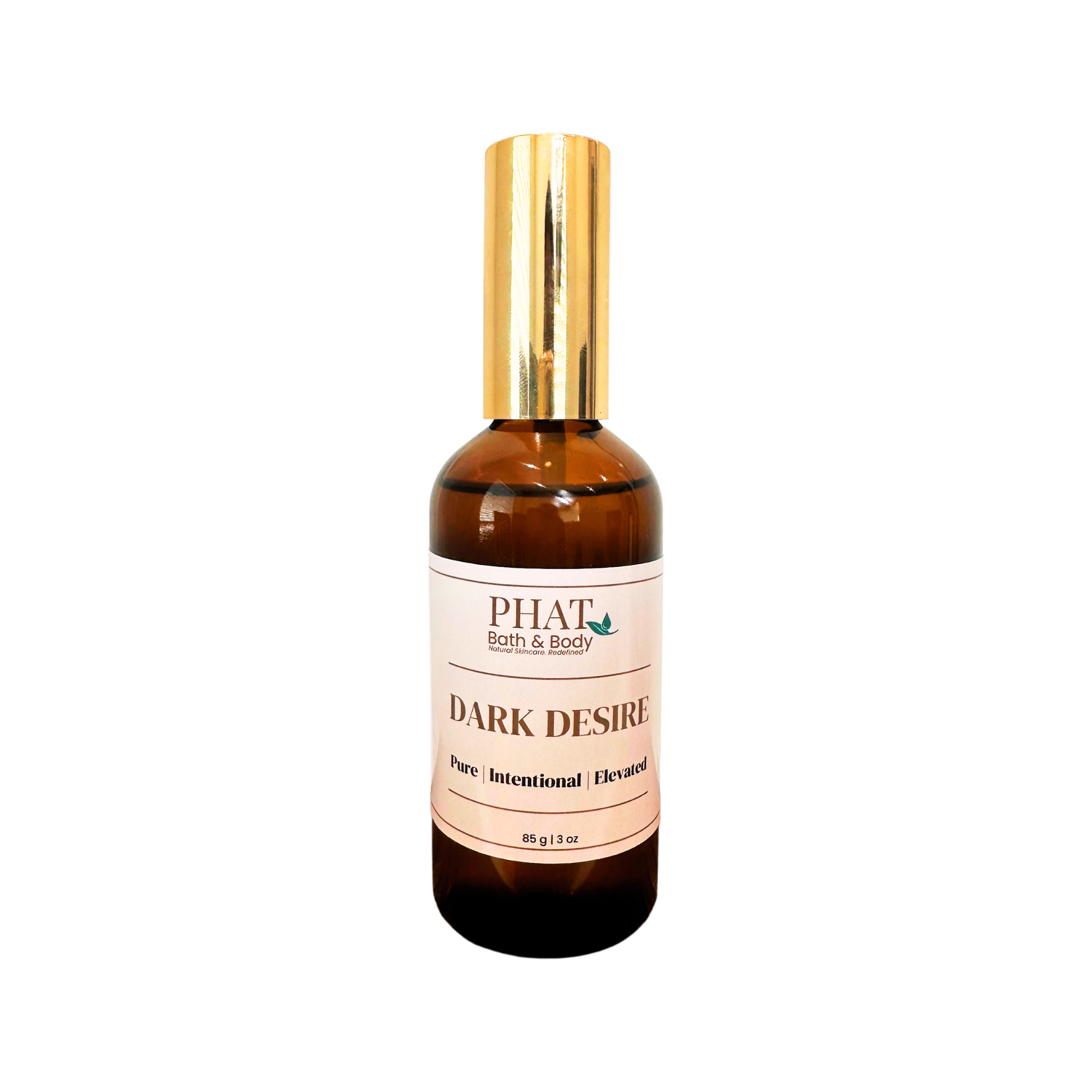An amber glass bottle of PHAT Bath & Body 'Dark Desire' pure intentional elevated fragrance with a shiny gold cap, centered on a plain white background.