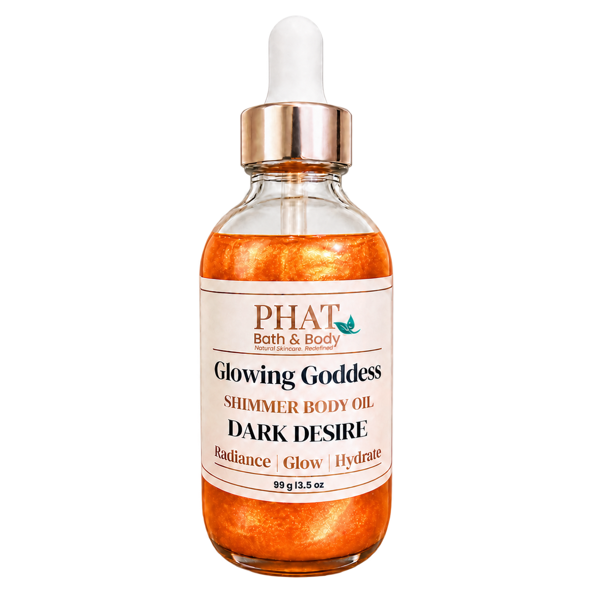 Phat Bath & Body Glowing Goddess Shimmer Body Oil in Dark Desire, 3.5 oz glass dropper bottle with warm orange-gold shimmer.