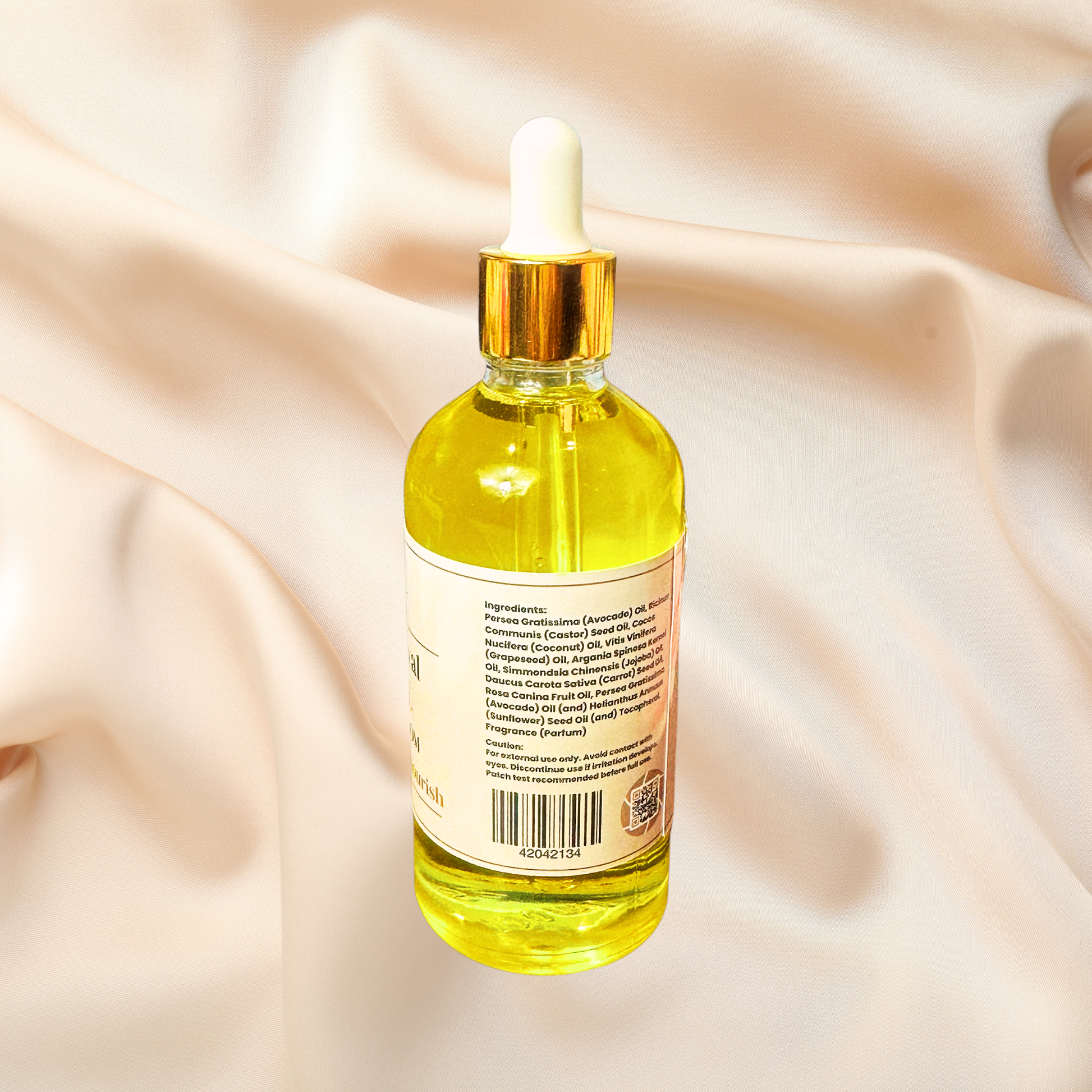 Bottle of yellow liquid with dropper on a gradient background