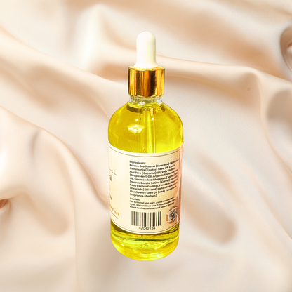 Bottle of yellow liquid with dropper on a gradient background