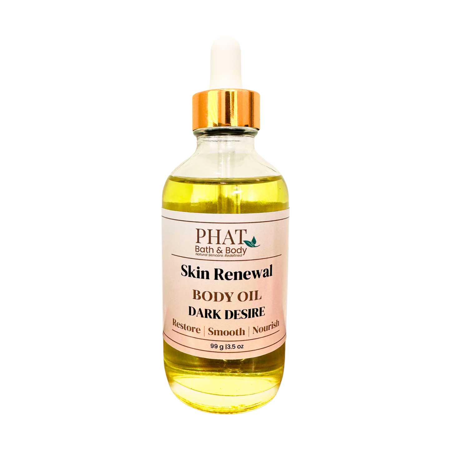 A bottle of PHAT Bath & Body Skin Renewal Body Oil, Dark Desire variant, featuring a clear glass bottle filled with yellow oil, a white dropper cap with a gold collar, and a beige label.