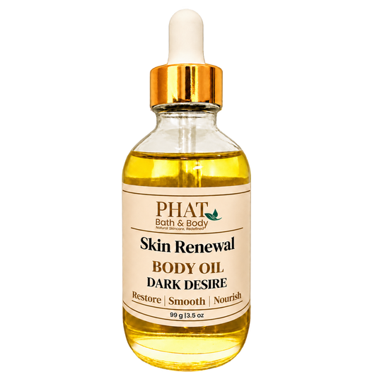 Phat Bath & Body Dark Desire Skin Renewal Body Oil, 3.5 oz golden body oil in a clear glass dropper bottle with a gold cap and cream label.