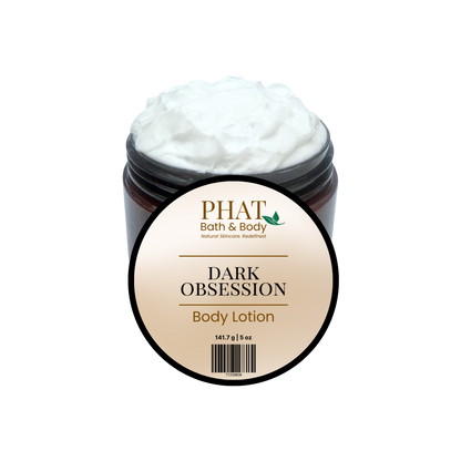 Body lotion jar labeled 'Dark Obsession' by Phat Bath & Body on a white background