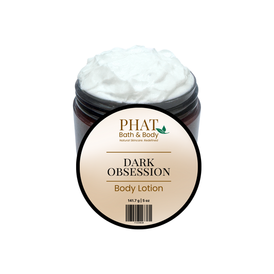 Body lotion jar labeled 'Dark Obsession' by Phat Bath & Body on a white background